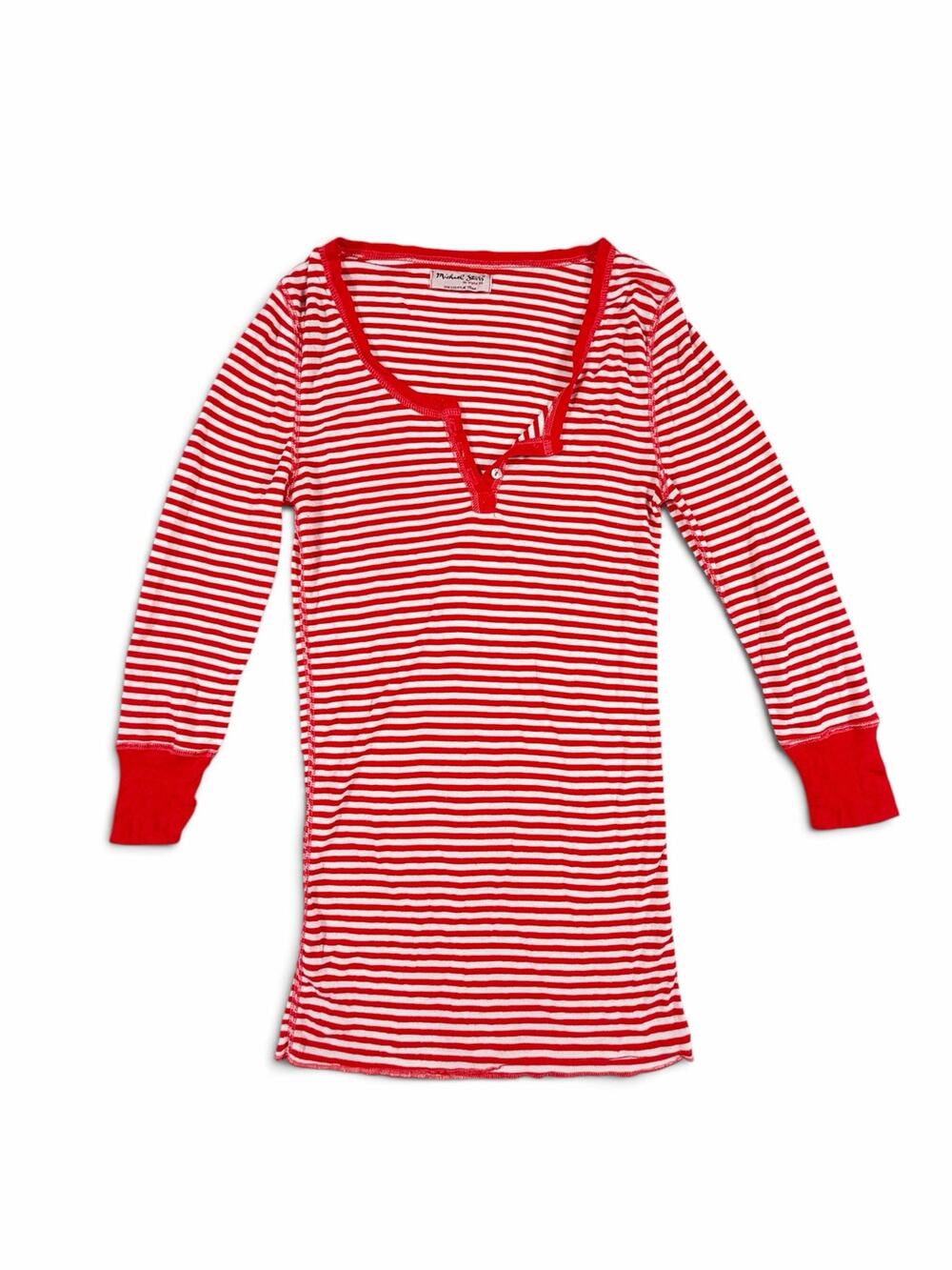 Michael Stars Women’s Striped Henley Long Sleeve Top Red White One Size